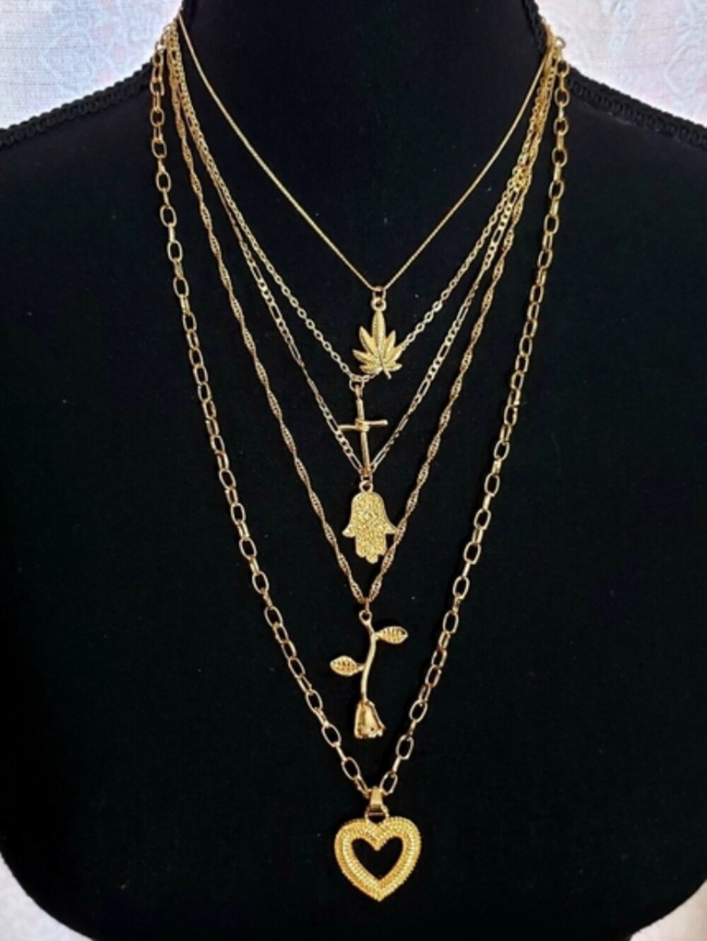 Gold‎ Layered Heart & Charm Pendant Necklace Set